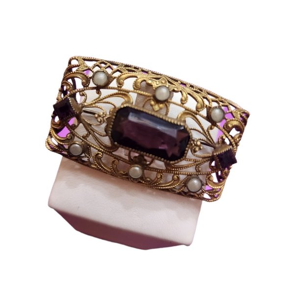 Vintage Possibly Czech Filigree & Faceted Glass Brooch (A2299) - Picture 1 of 4